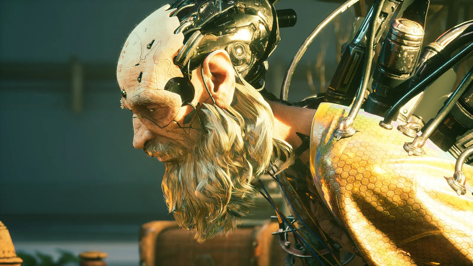 Stellar Blade elderly cyborg man with mechanical headgear