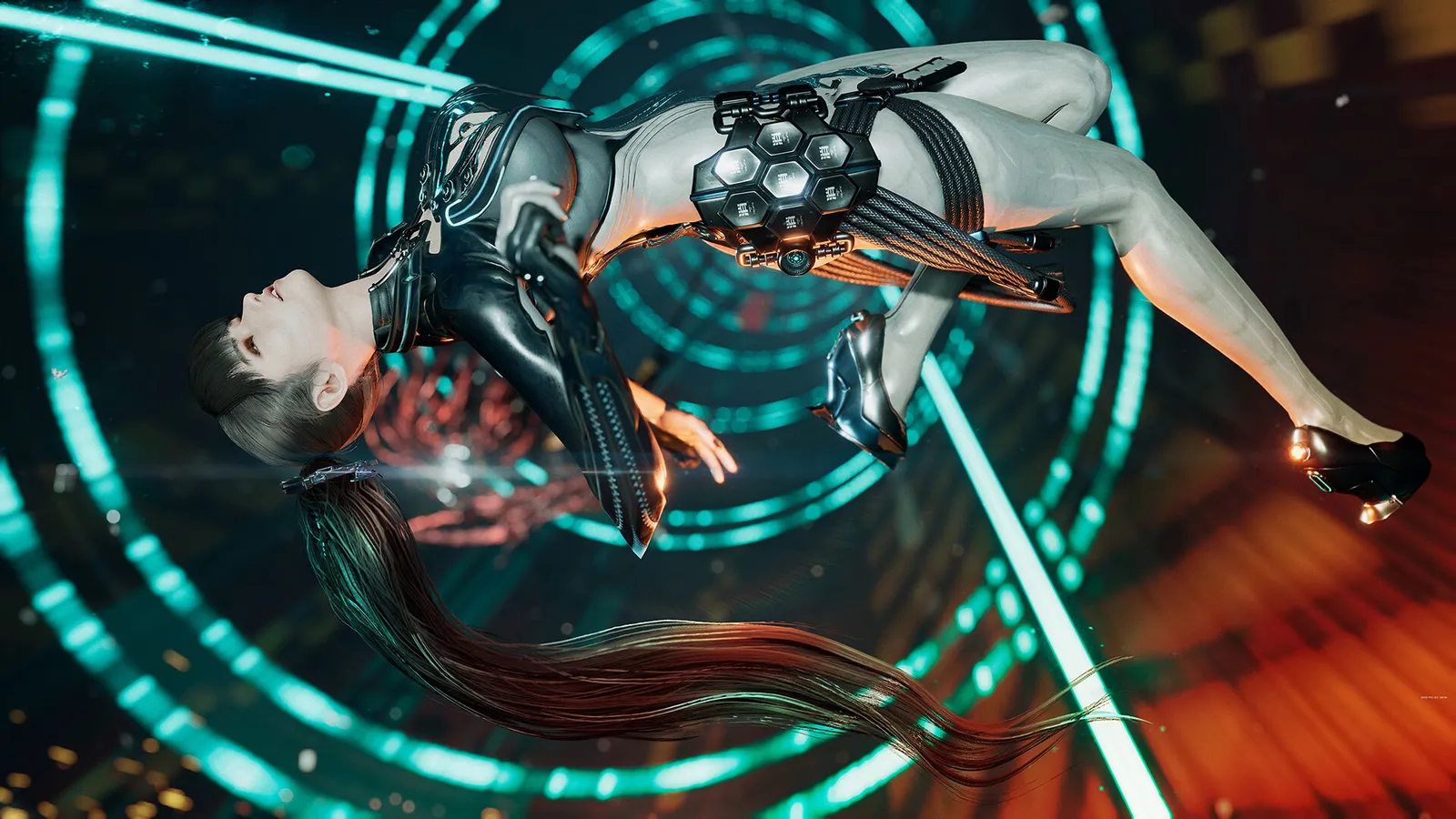 Stellar Blade eve falling through glowing teal tunnel