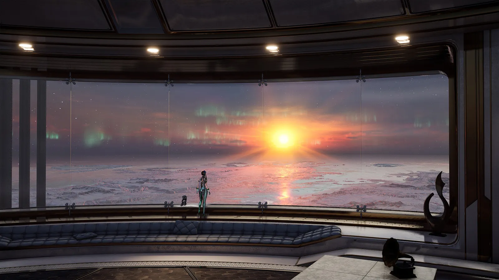 Stellar Blade eve gazing at alien sunset from observation deck
