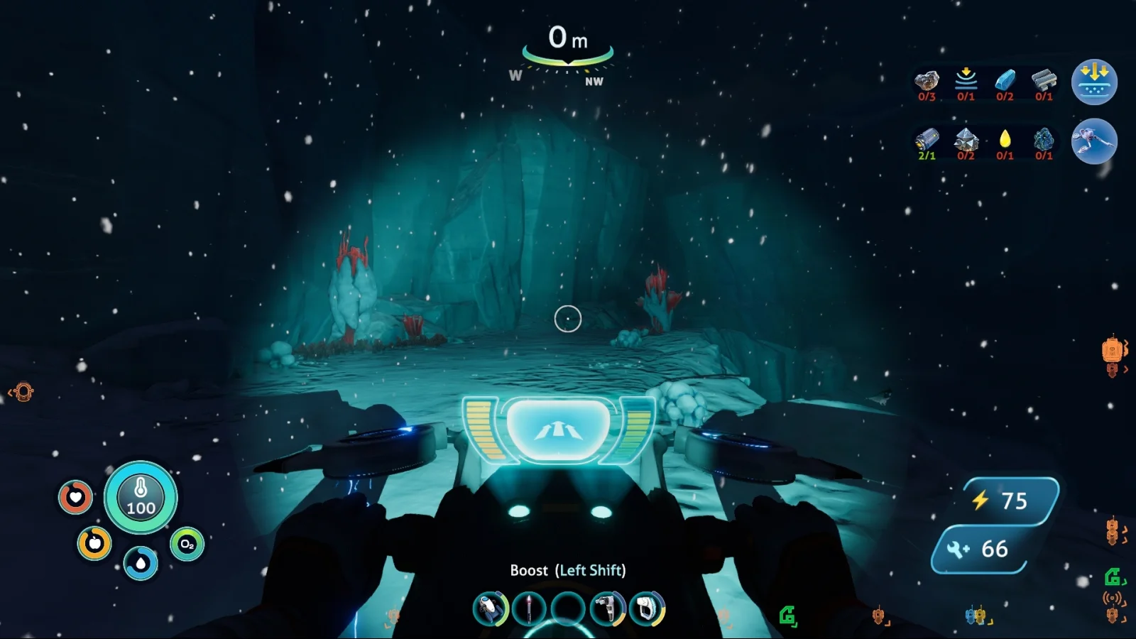 Subnautica: Below Zero - Jogo de sobrevivência alienígena num oceano gelado, com exploração em profundidade e submersíveis - Uma visão na primeira pessoa de um jogador a pilotar um Sea Truck por uma caverna subaquática escura