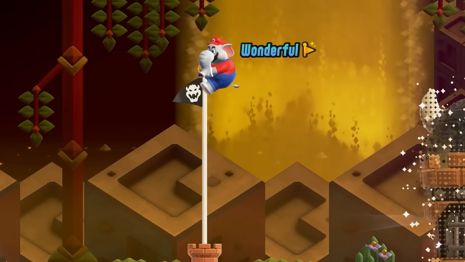 Elephant Mario climbing a flagpole in Super Mario Bros. Wonder