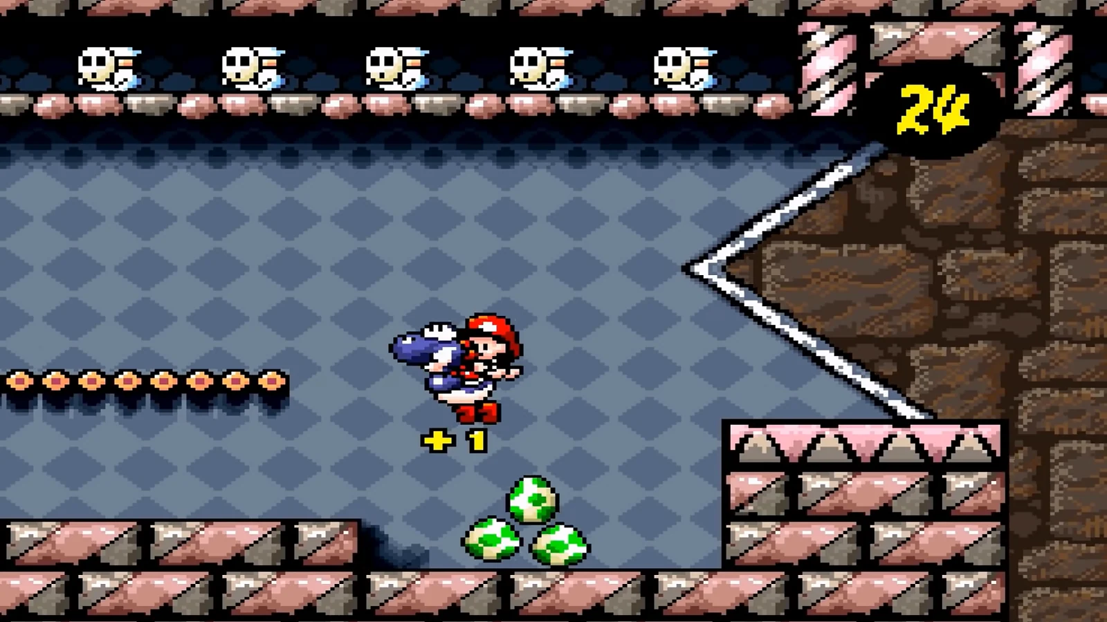 Mario rides Yoshi while collecting eggs in Super Mario World 2: Yoshi’s Island.