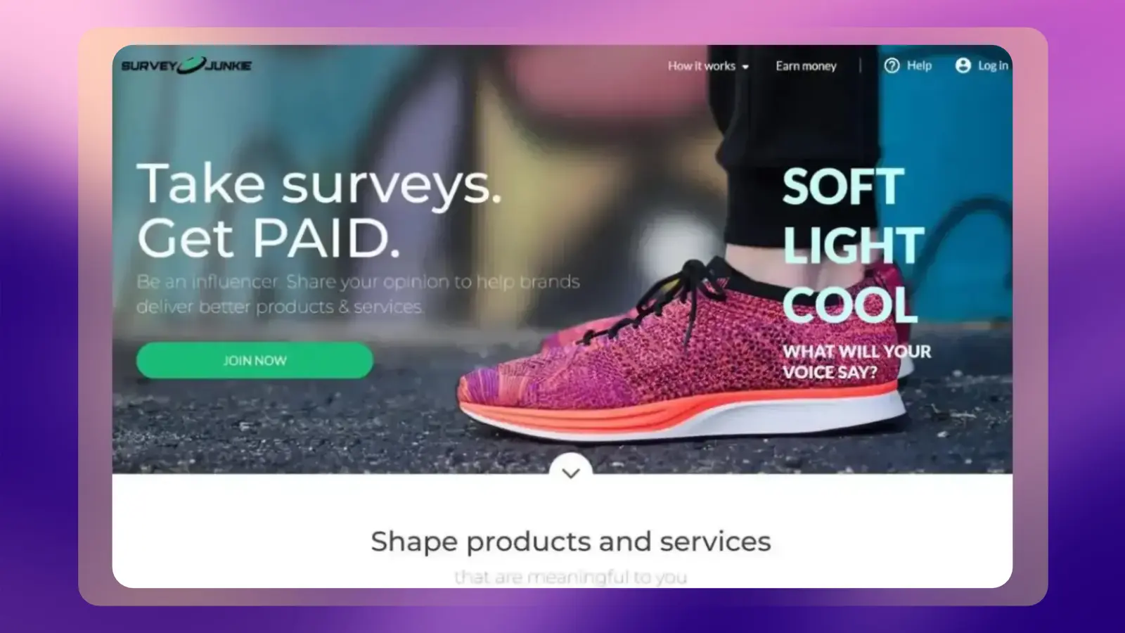 Survey Junkie homepage promoting paid surveys with a running shoe image and a green Join Now button