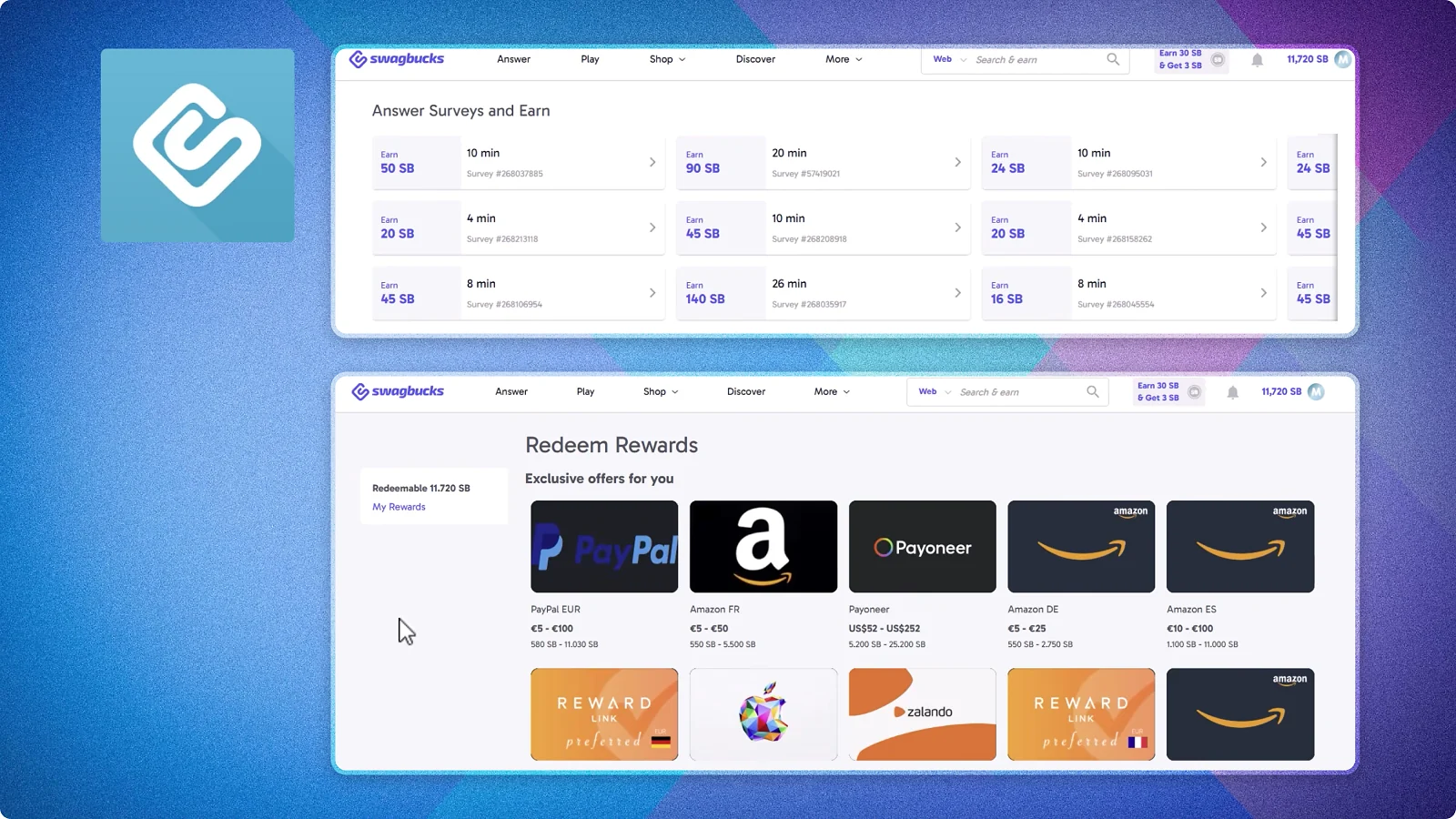 Swagbucks dashboard featuring surveys and gift card rewards