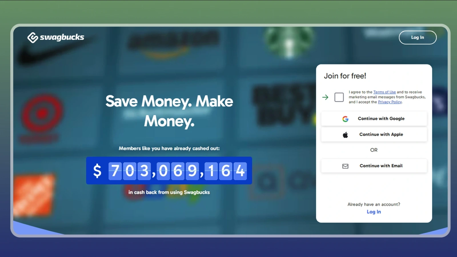 The Swagbucks homepage invites visitors to earn rewards for shopping, surveys and games