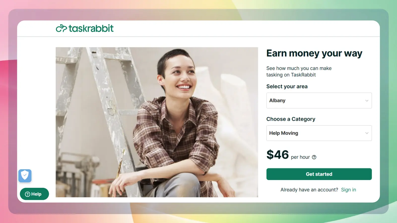 TaskRabbit earnings calculator showing a potential rate of $46 per hour for help moving in Albany