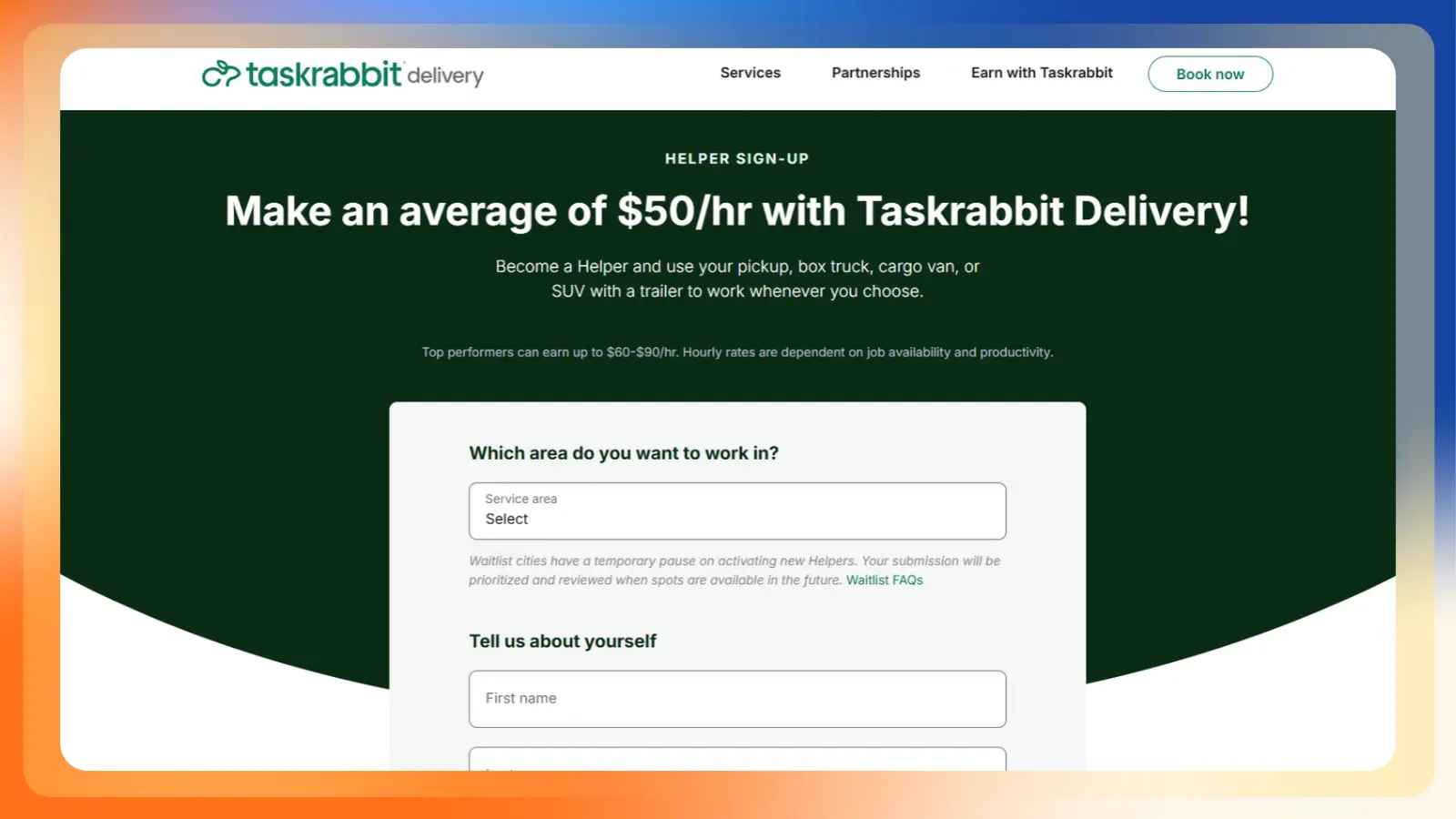 Taskrabbit Delivery helper sign-up page advertising delivery work and displaying a form to select a service area and enter personal information
