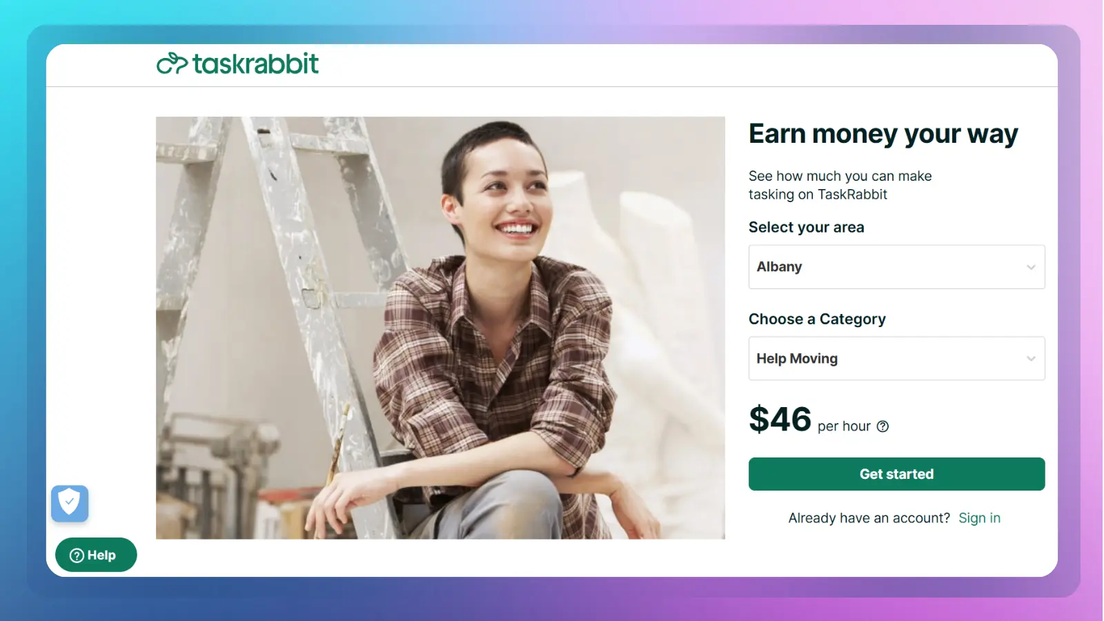 TaskRabbit website showing an earnings page with a task category
