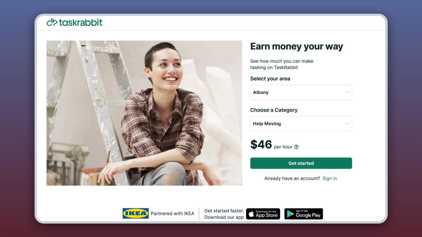 The Taskrabbit page reads “Earn money your way” next to a smiling woman by a ladder and a form estimating $46 per hour for help moving