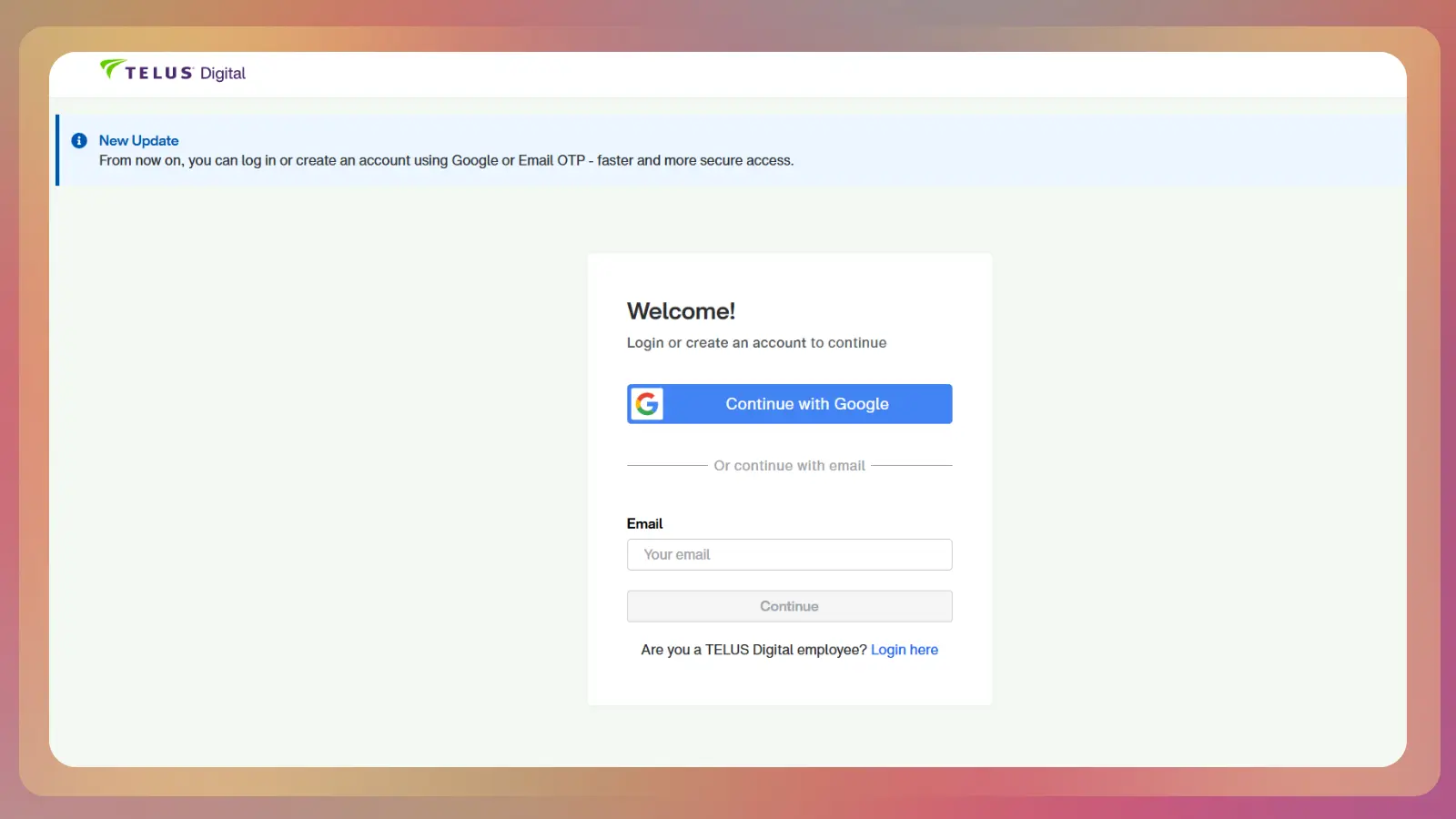 TELUS Digital login page showing options to continue with Google or email and create an account