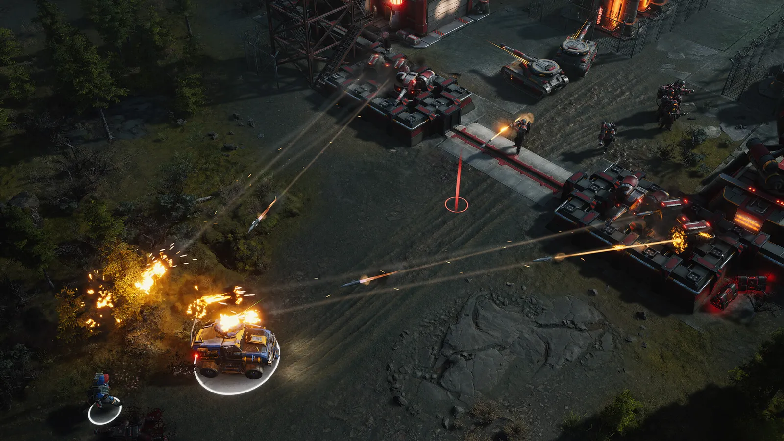 Tempest Rising night convoy battle with red laser beam
