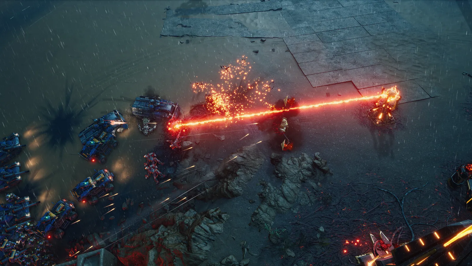 Tempest Rising rainy beach battle with giant laser beam