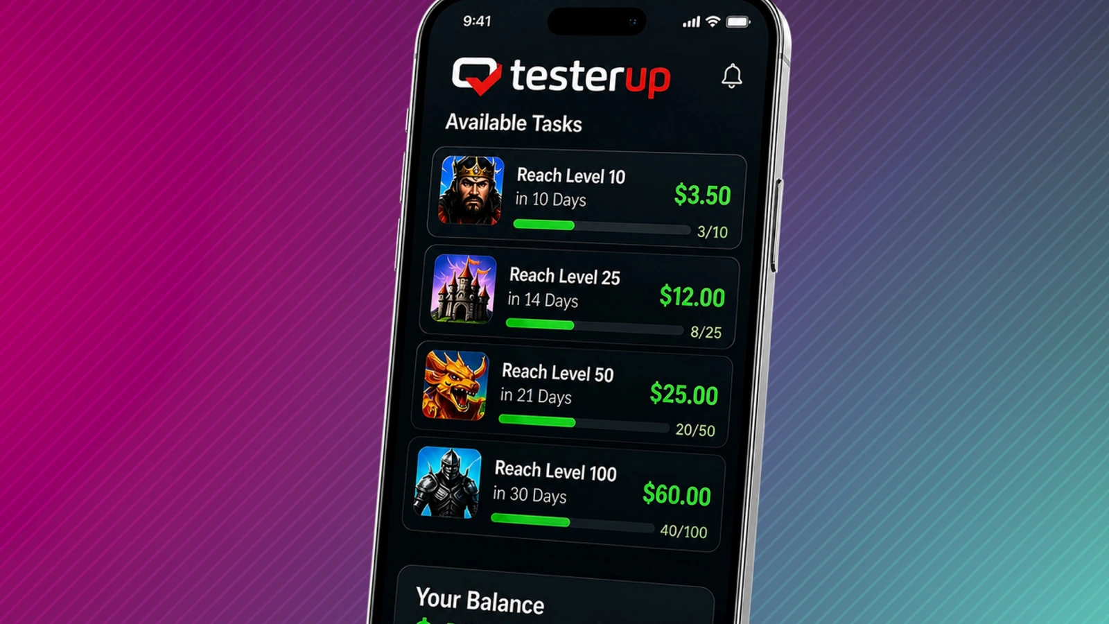 The TesterUp app lists game tasks paying from $3.50 to $60 for reaching set levels, with a $48.25 balance payable through PayPal