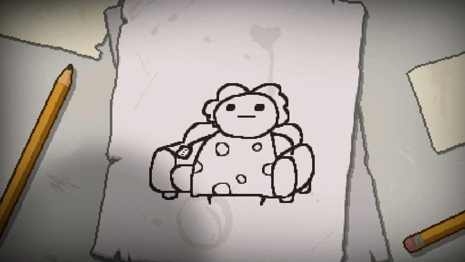 Su un foglio di carta compare un personaggio disegnato a mano
