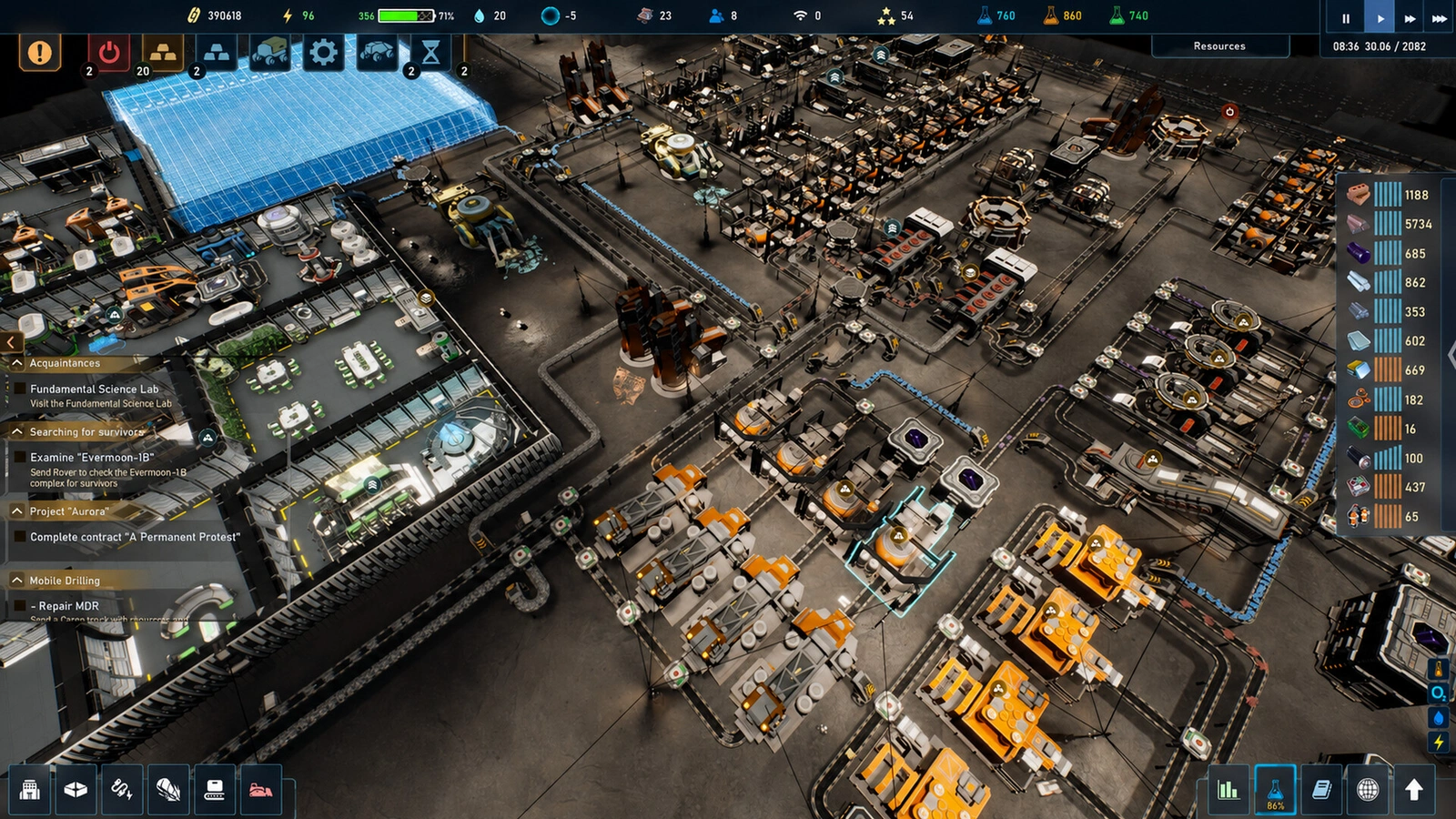 The Crust aerial view of base buildings with mission objectives sidebar