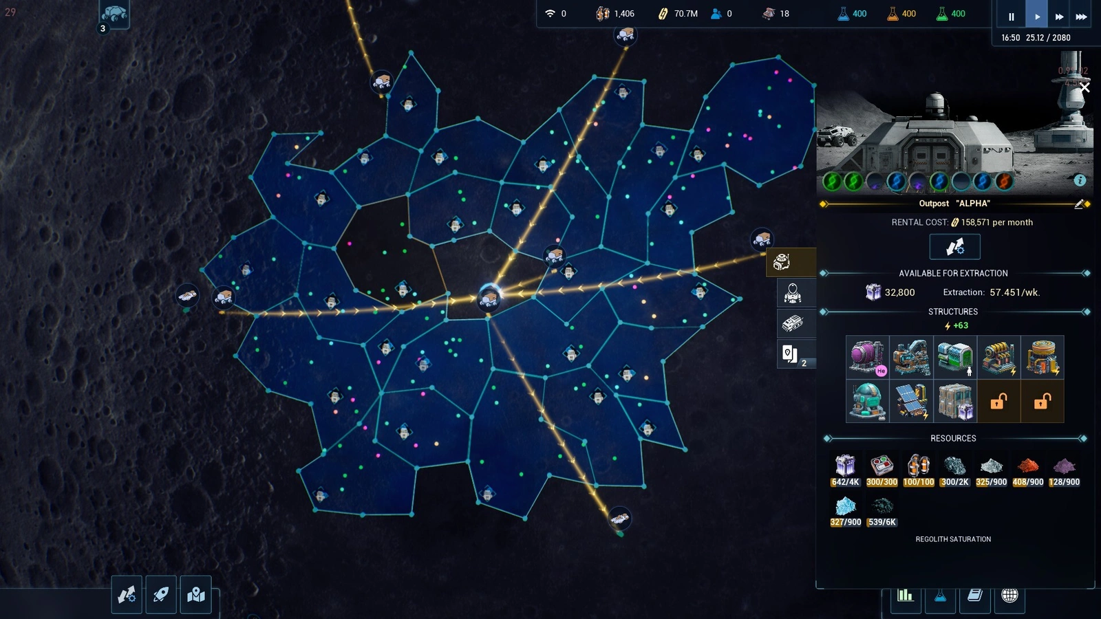 The Crust moon surface map showing outpost territory hexagon grid