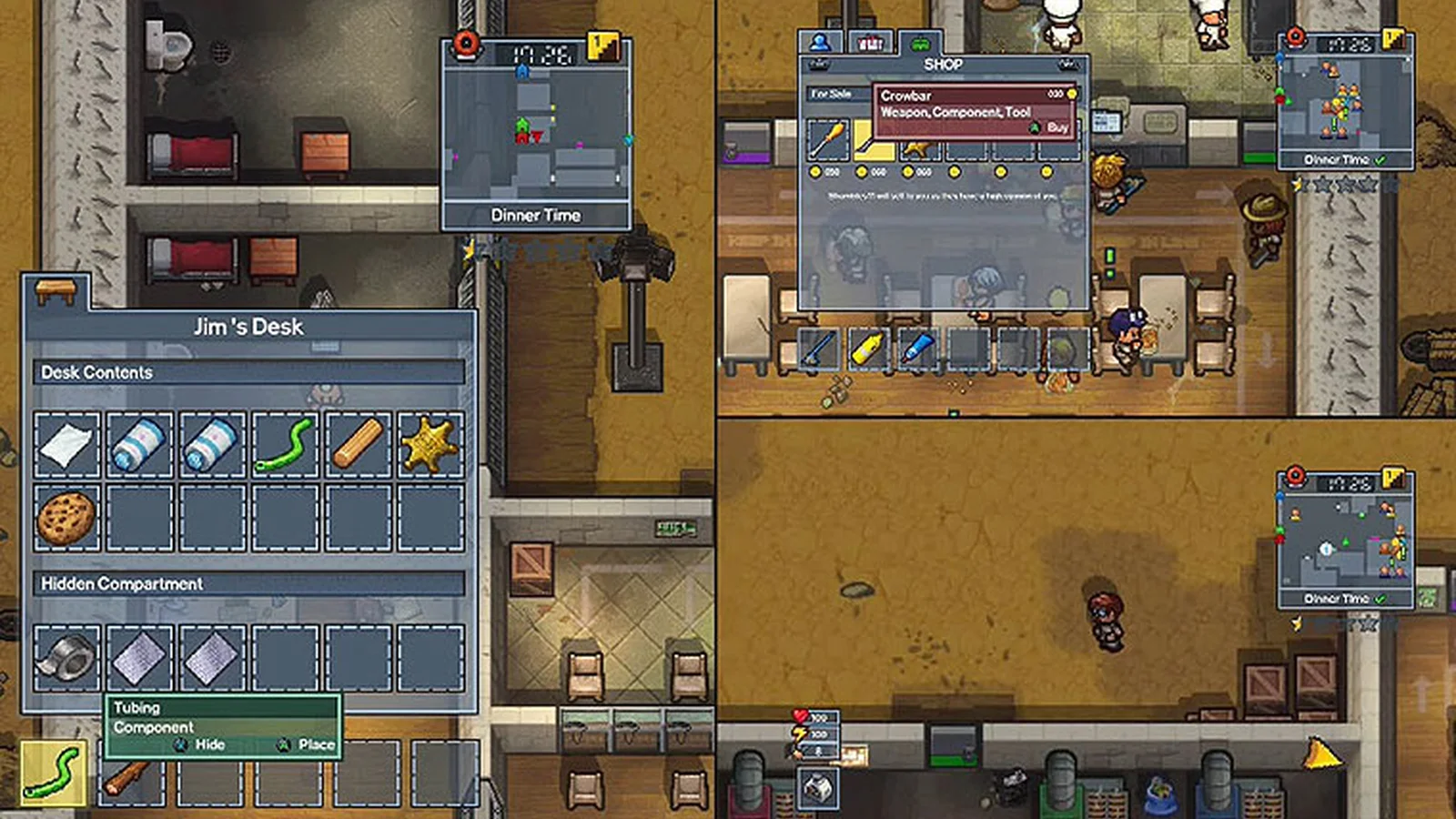 The Escapists 2 split-screen with one player hiding tools in a desk and another shopping for a crowbar