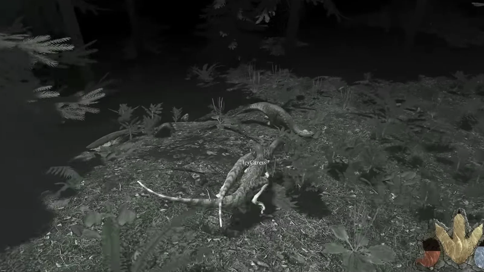 Dinosaurs appear in a forest through night-vision mode