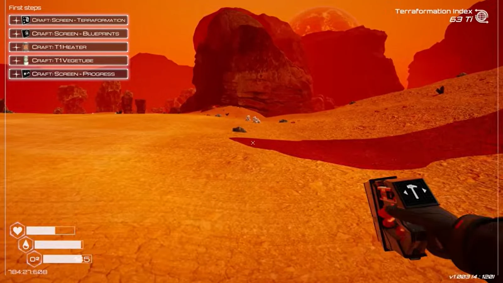 Une exploration à la première personne d'une planète orange et aride, parsemée de formations rocheuses et comportant des objectifs de terraformation.