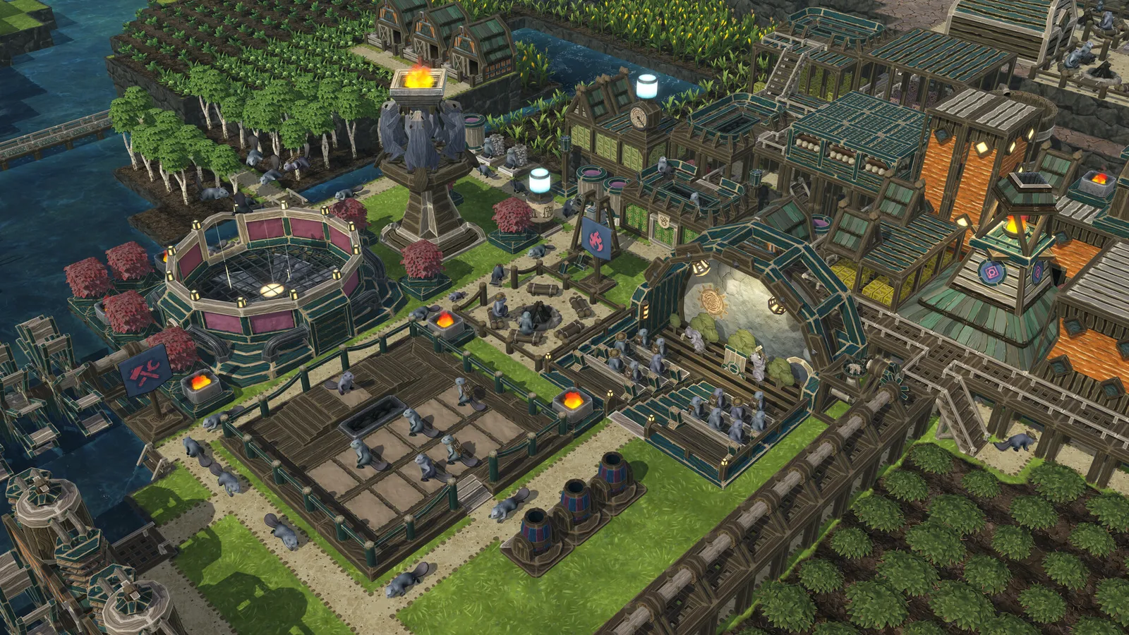 Timberborn beaver colosseum and workshop courtyard