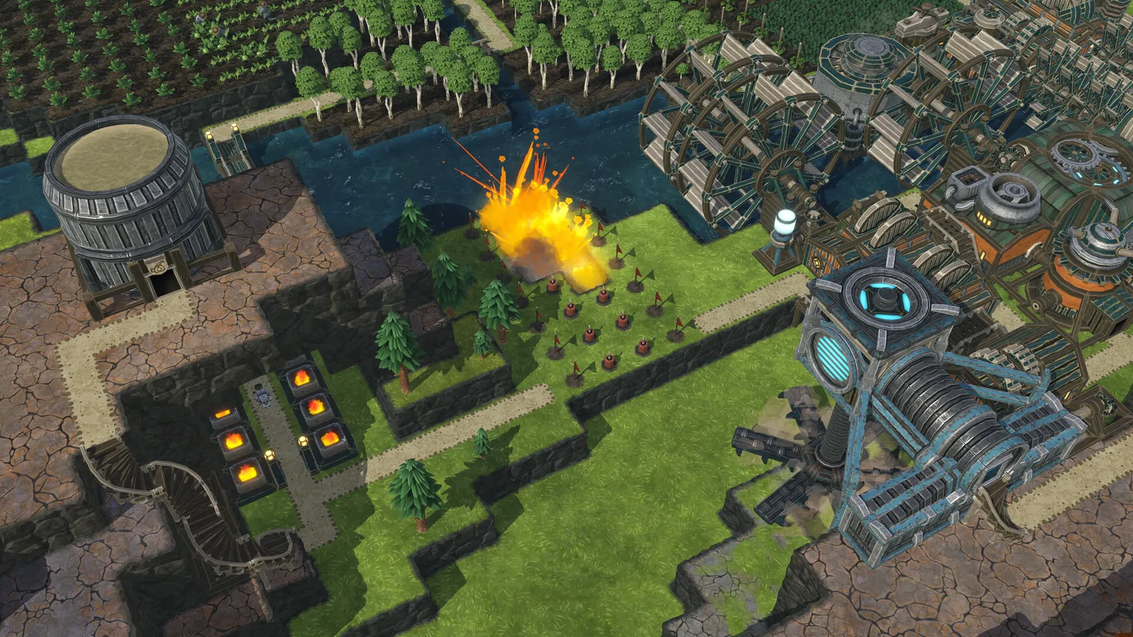 Timberborn dynamite blast near riverside charges