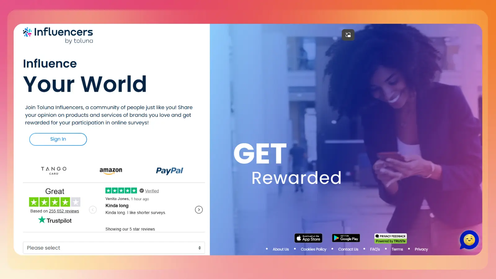 Toluna Influencers page showing survey participation, rewards, and a woman using a smartphone
