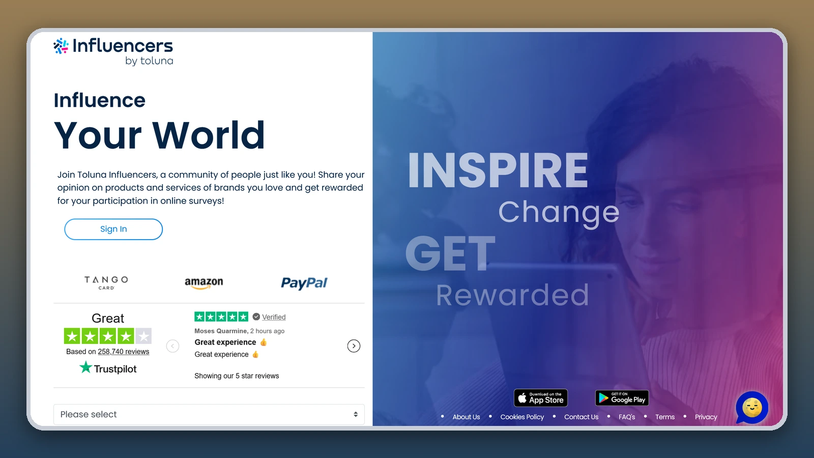 The Toluna Influencers homepage reads “Influence your world” with Tango Card, Amazon and PayPal rewards and a Trustpilot rating