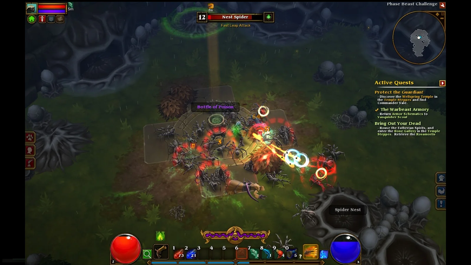 Torchlight II - Le meilleur jeu de donjon en mode coopératif axé sur le butin - Vue de dessus d'un héros combattant une nuée de monstres arachnéens dans une caverne obscure