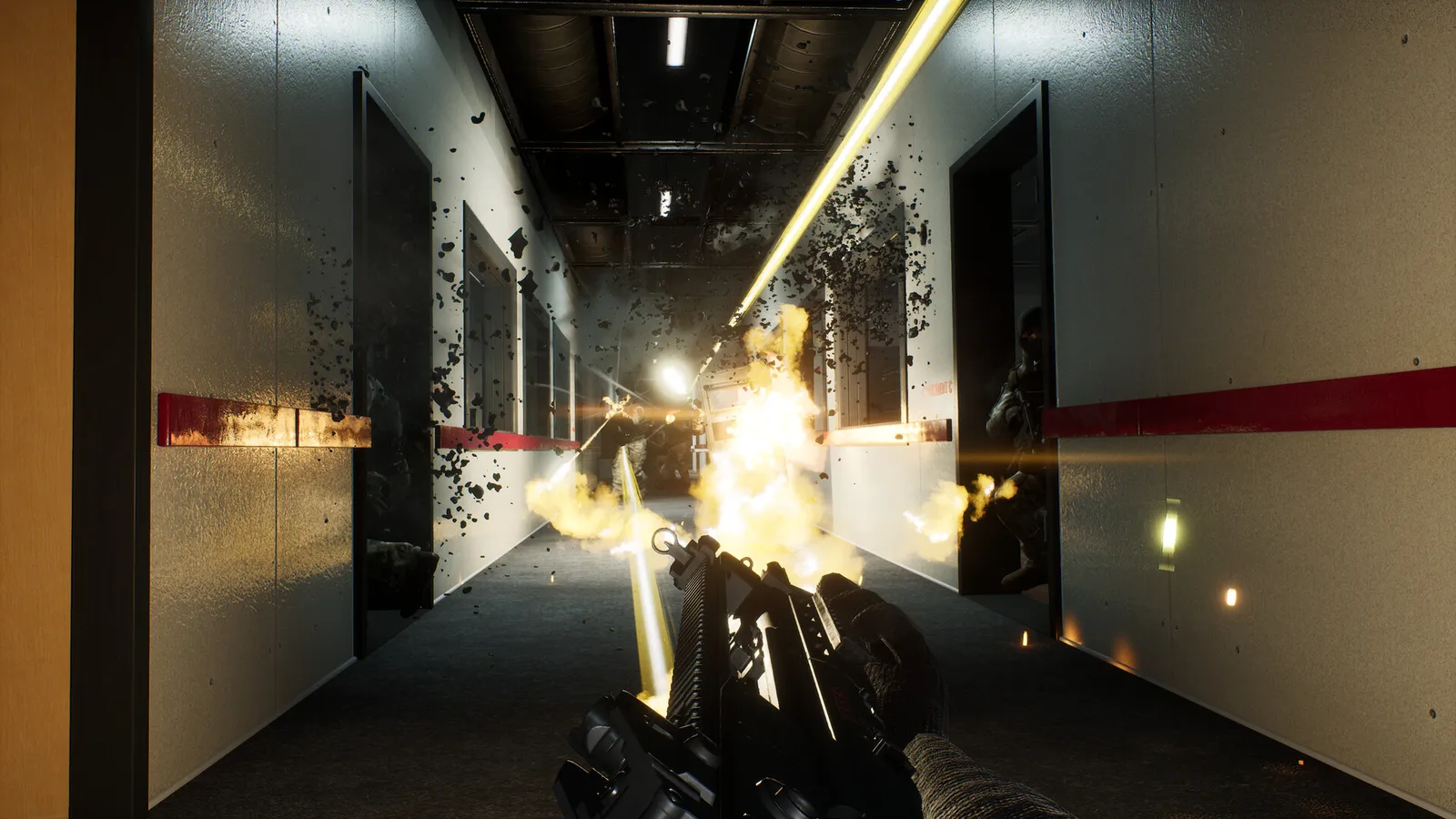 Trepang2 muzzle flash firefight in fluorescent lit hallway with soldiers