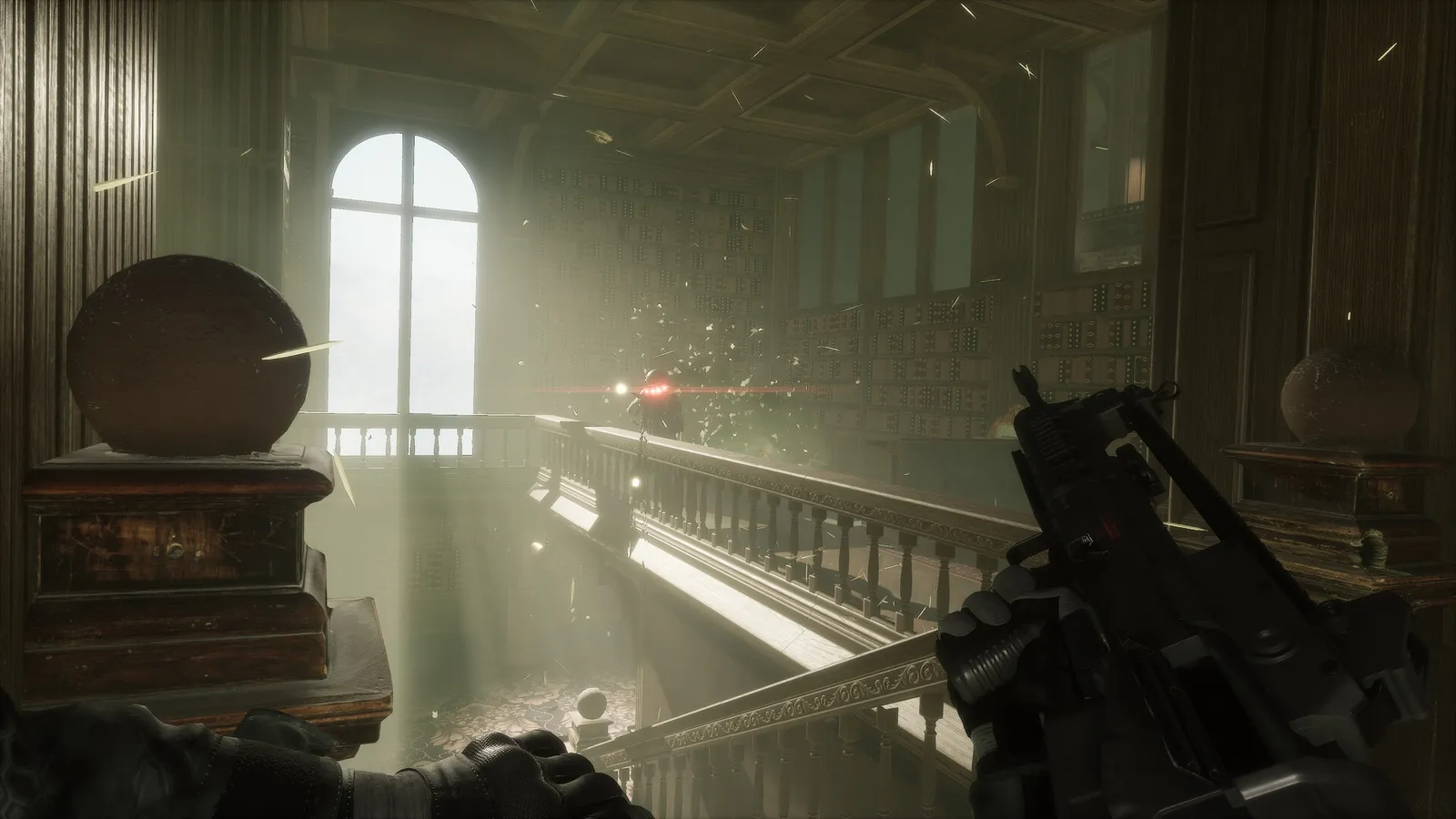Trepang2 sunlit mansion balcony standoff with red eyed enemy