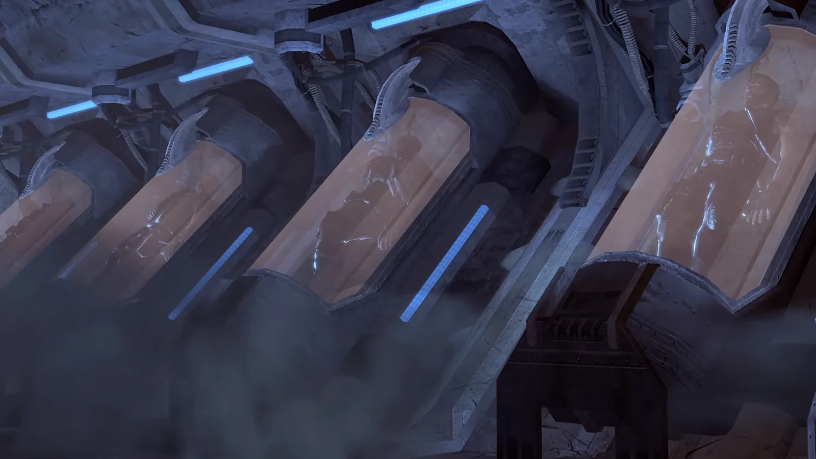Human figures suspended in illuminated cryogenic pods inside a futuristic facility.