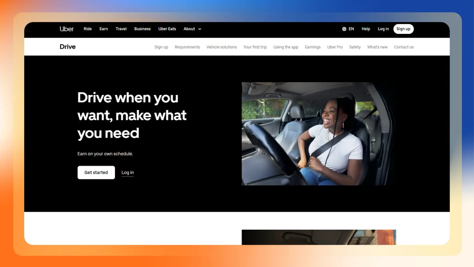 Uber Drive webpage promoting flexible driving work, with a photo of a woman sitting in the driver's seat of a car