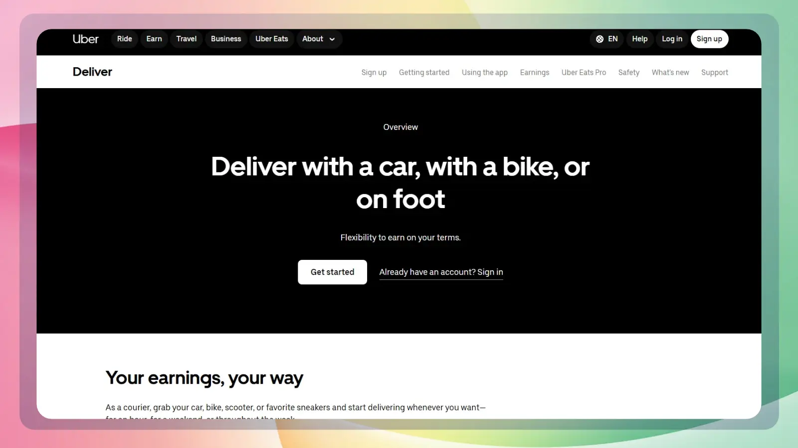 Uber delivery website showing flexible courier opportunities by car, bike, or on foot, with a Get Started button and information about earning on your own schedule