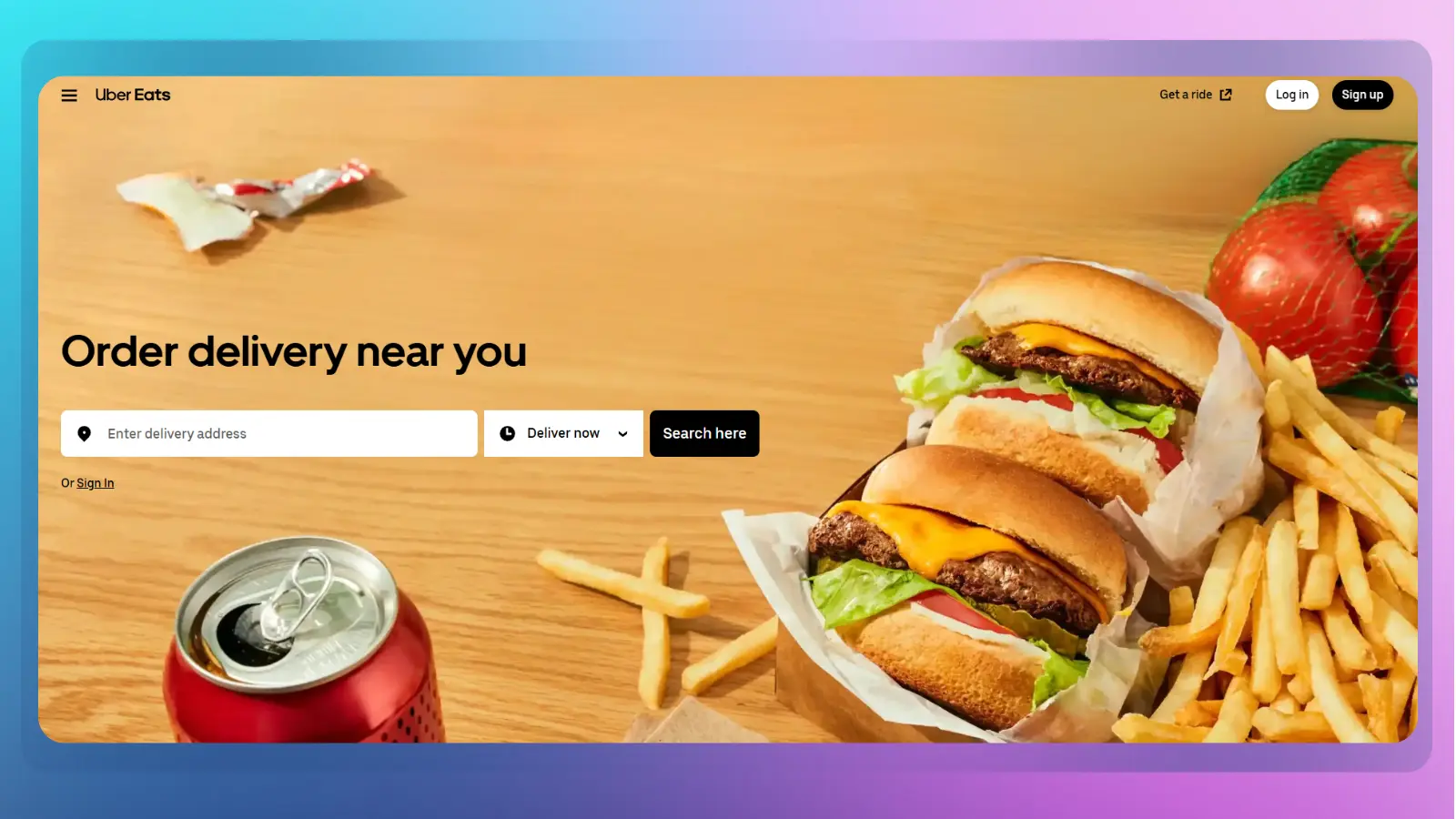 Uber Eats website showing the food delivery homepage with an order delivery search bar
