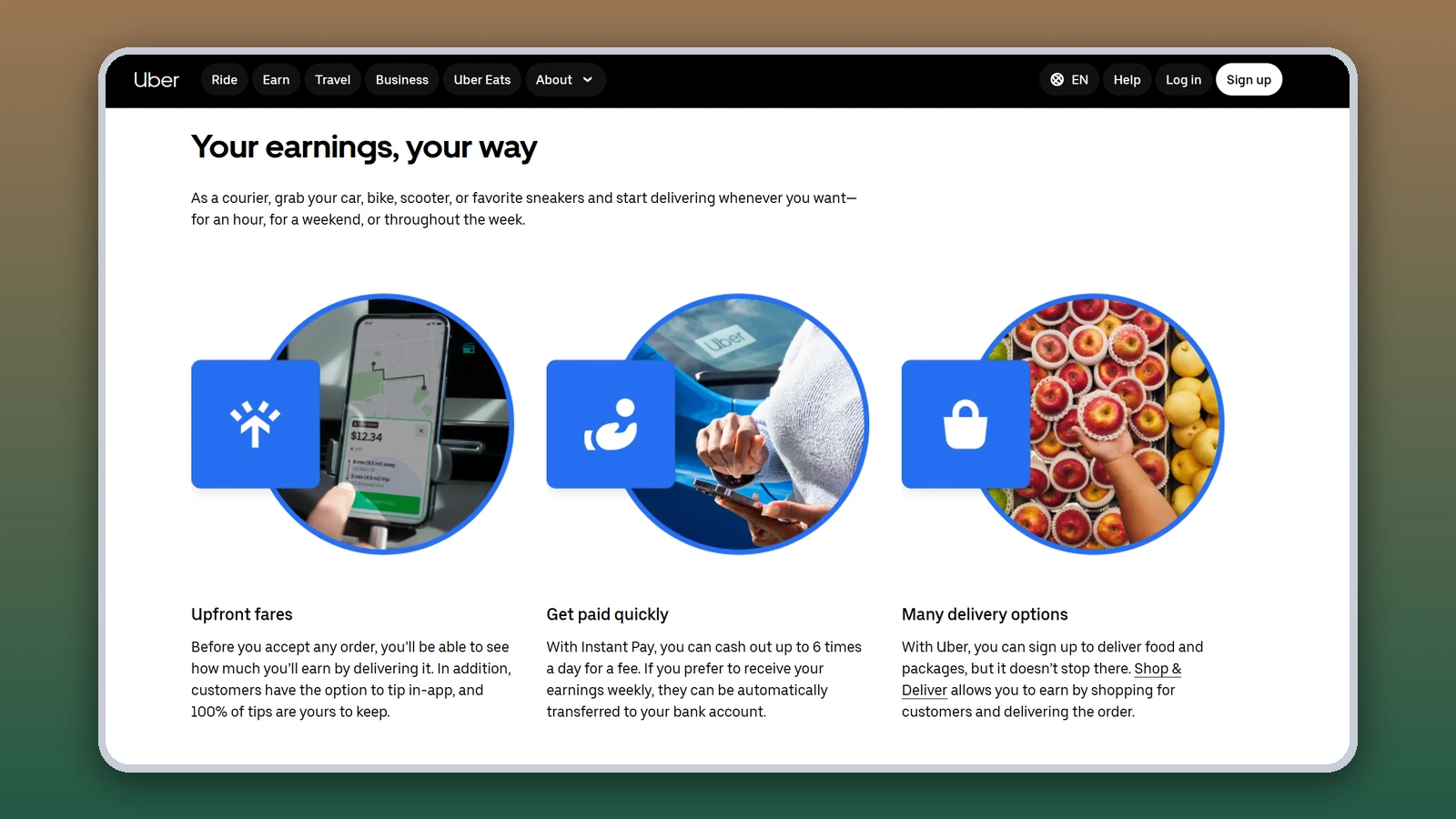 The Uber courier page reads “Your earnings, your way” above three benefits: upfront fares, getting paid quickly and many delivery options