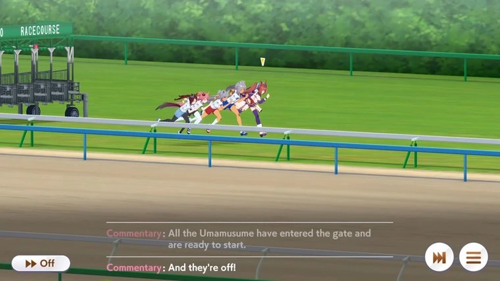 Horse girls sprint out of the starting gate on a racecourse