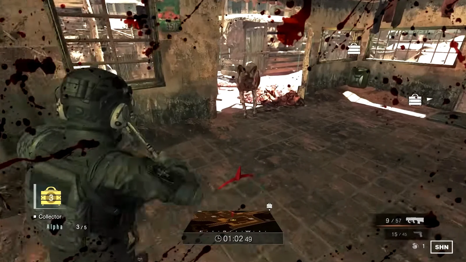 An armed soldier fights enemies inside a bloodstained, ruined building.