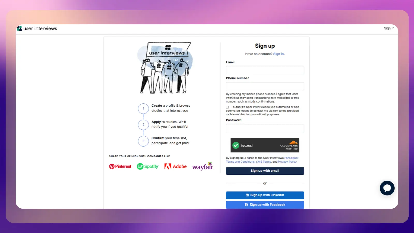 User Interviews registration page showing the steps to create a profile, apply for studies, and get paid, alongside a sign-up form