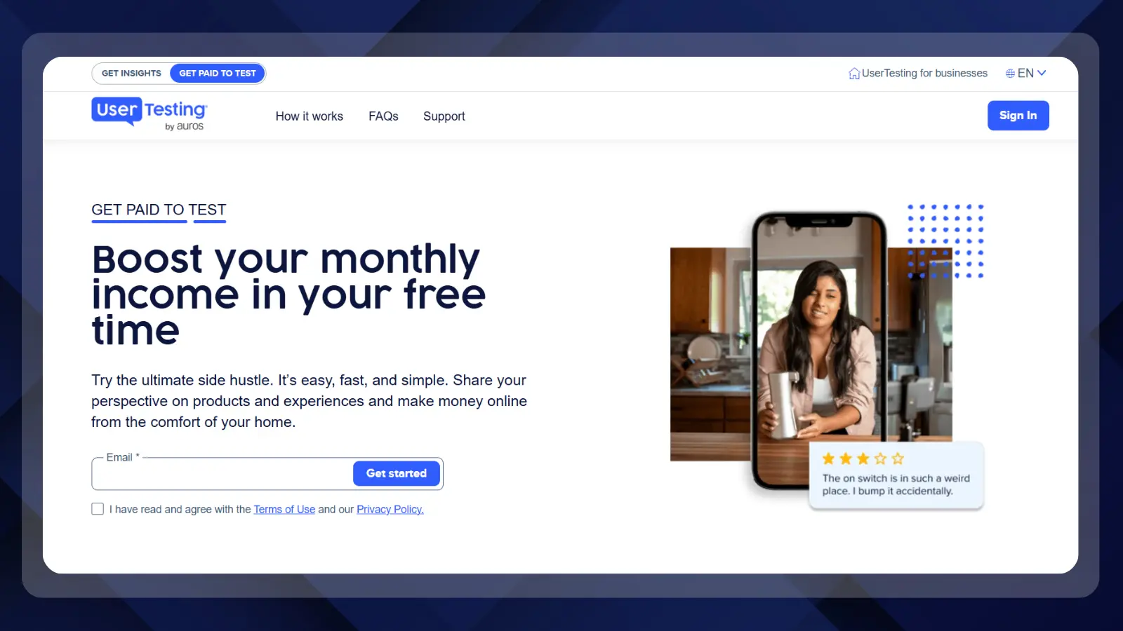 UserTesting homepage promoting paid website and product testing, with an email sign-up form and a phone displaying a user testing a product