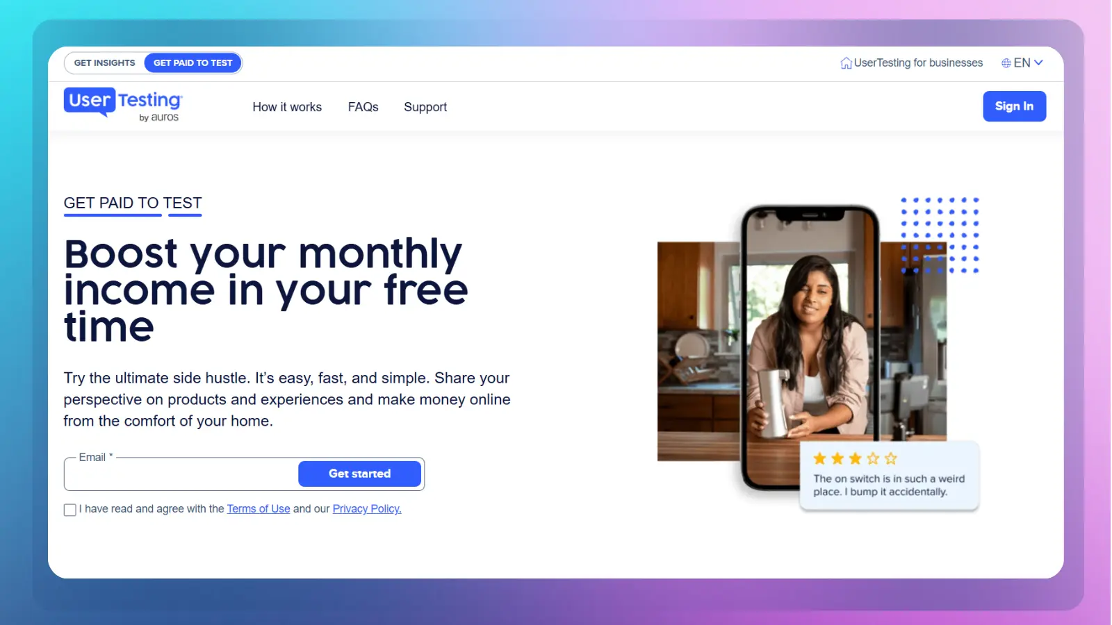 UserTesting website showing a get paid to test page with information about earning money by sharing opinions on products and experiences