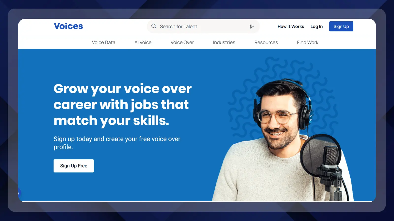 Voices homepage promoting voice-over career opportunities, with a sign-up button and a man wearing headphones beside a microphone