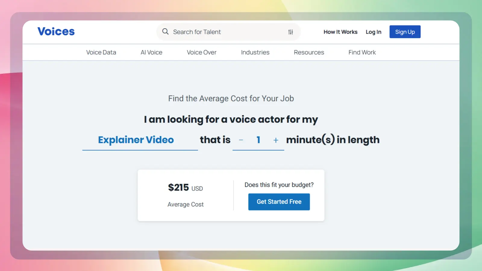 Voices website showing an average-cost calculator for hiring a voice actor for a one-minute explainer video, displaying an estimated cost of $215