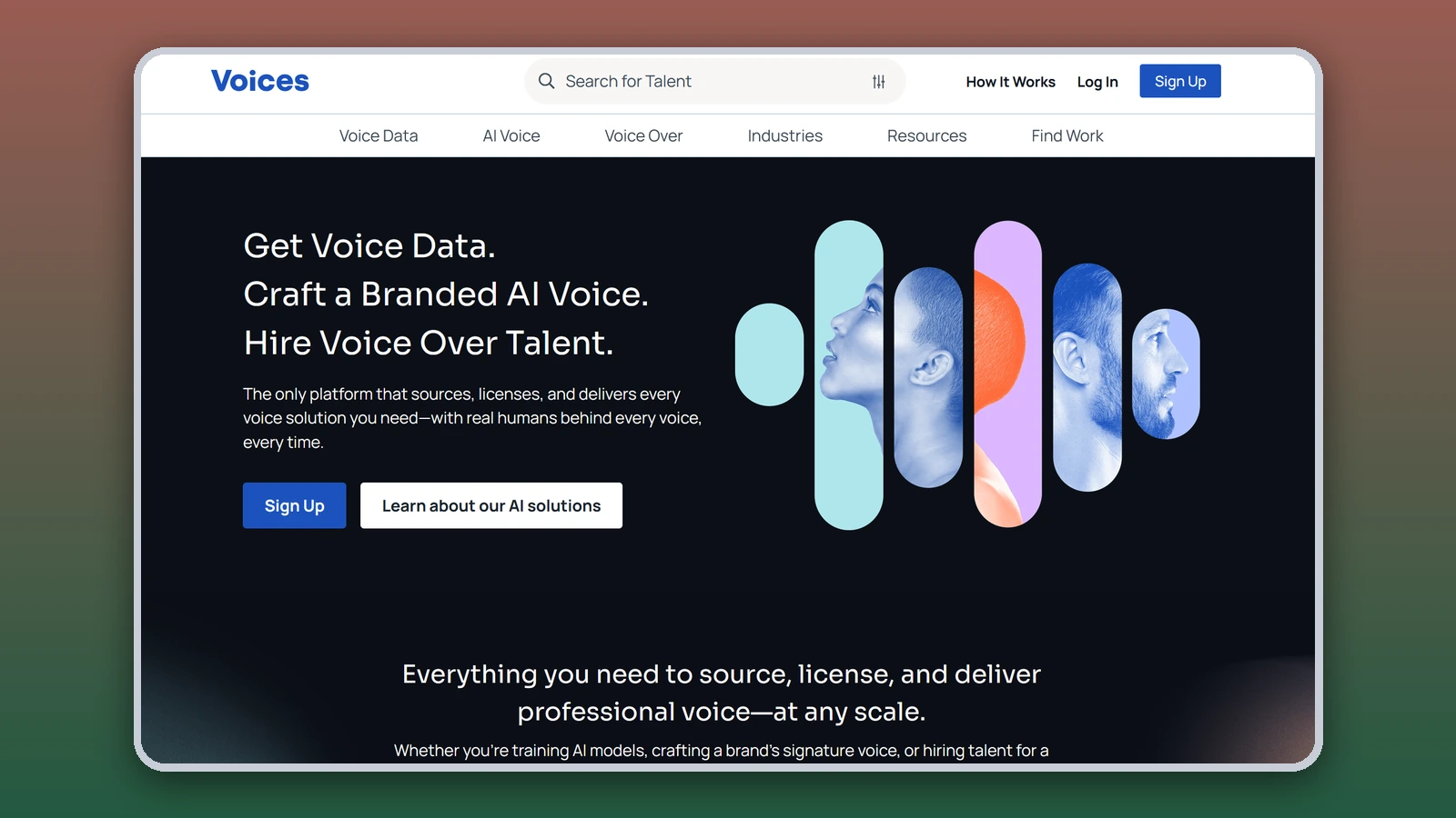 The Voices homepage reads “Get voice data. Craft a branded AI voice. Hire voice over talent.” next to stylized portraits of voice actors