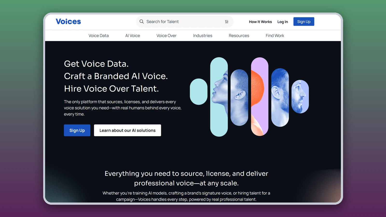The Voices homepage reads “Get voice data. Craft a branded AI voice. Hire voice over talent.” next to stylized portraits of voice actors