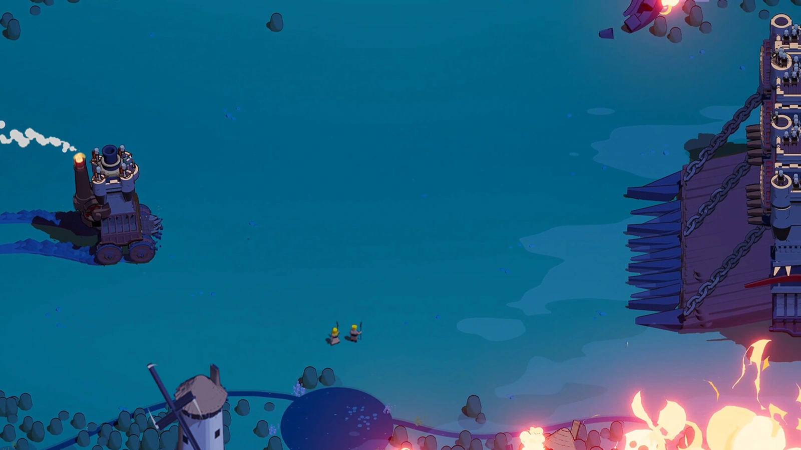 Wanderburg cannon wagon sailing across open water toward a massive chained fortress