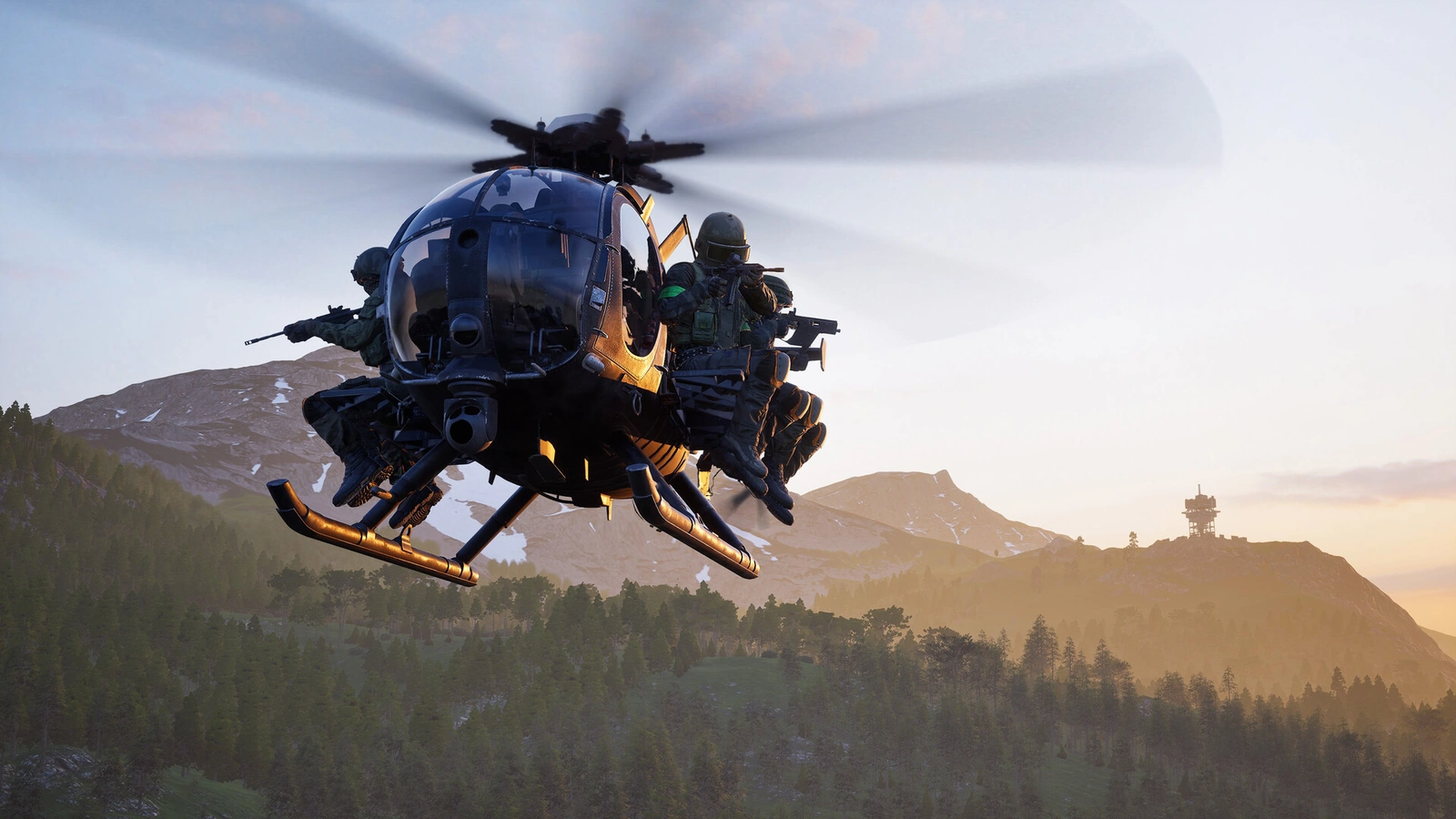 WARDOGS attack helicopter flying over mountains with soldiers on skids