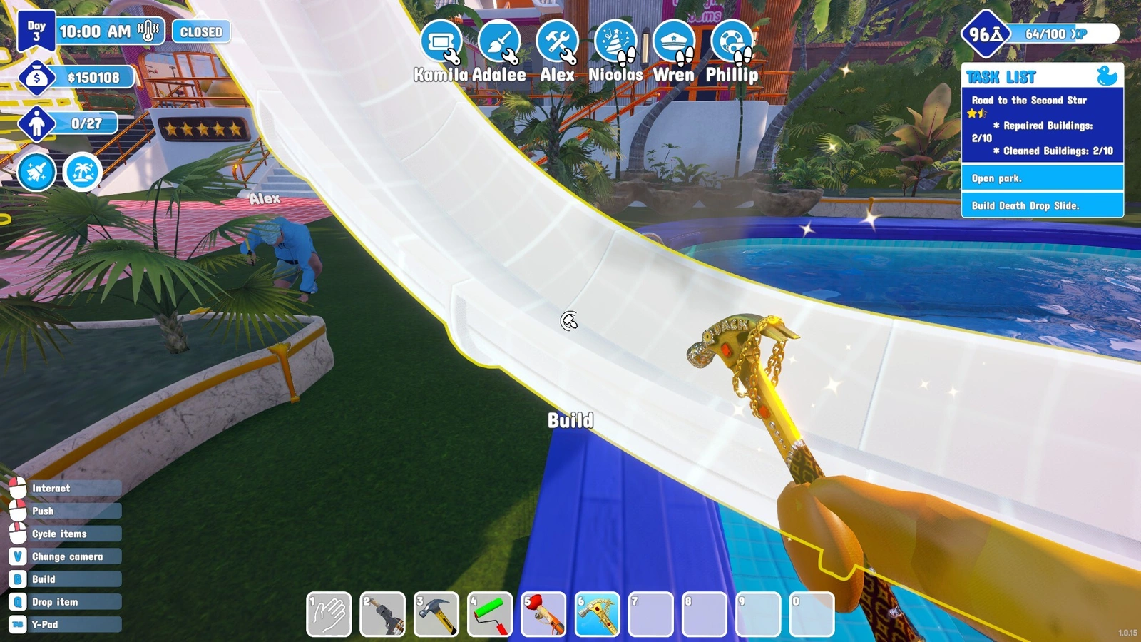 Waterpark Simulator attaching a golden tiki handle while building a slide