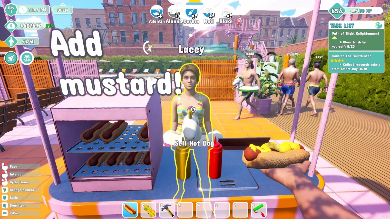 Waterpark Simulator selling a hot dog with mustard at the snack stand