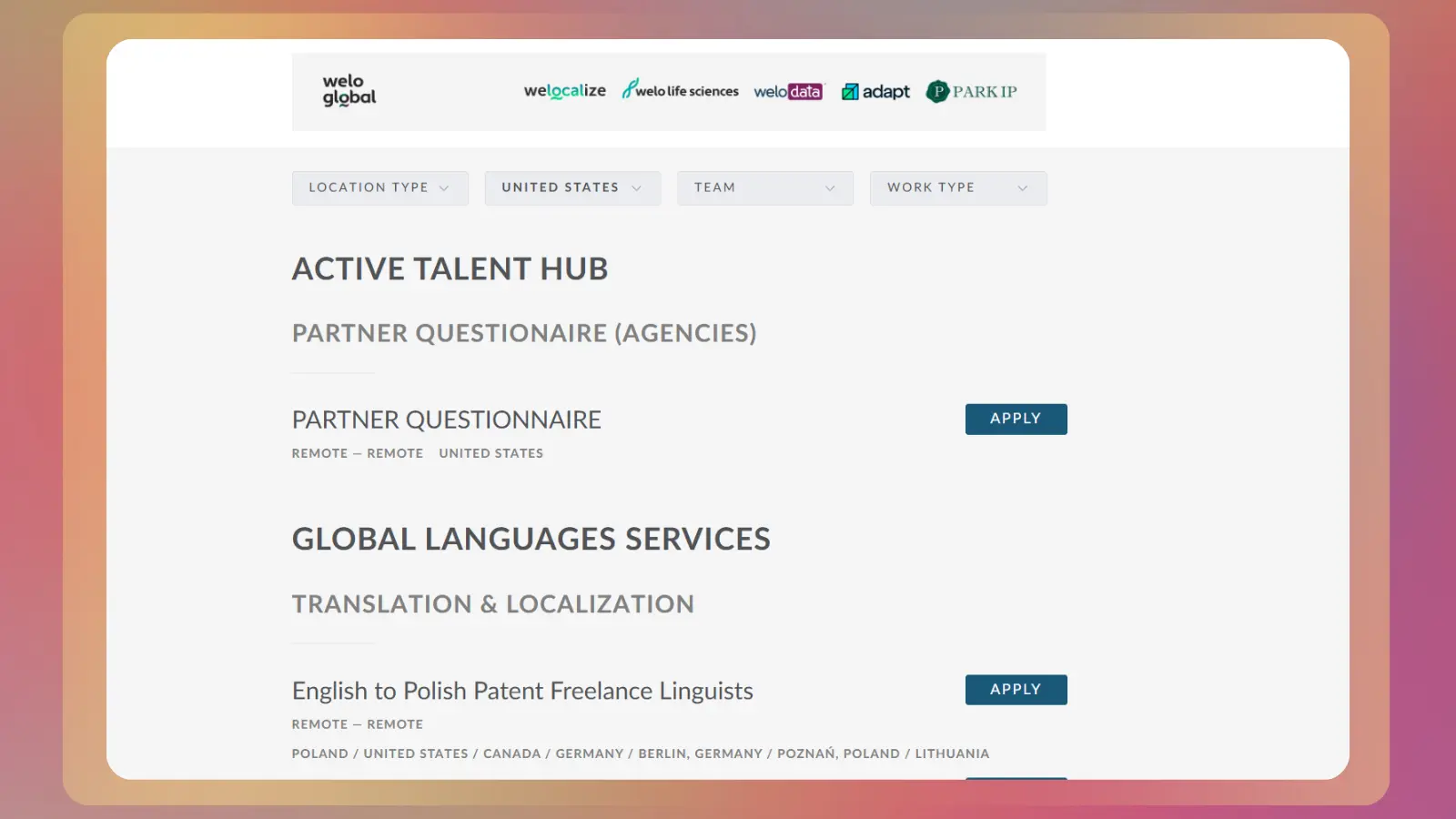Welo Global job listings page showing remote positions