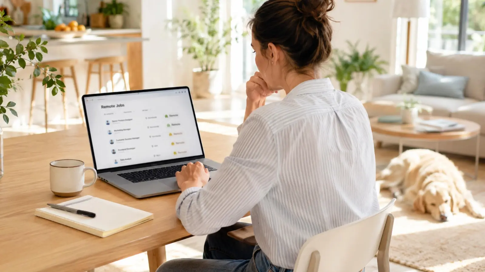 person researching legitimate work from home jobs on a laptop at a home desk